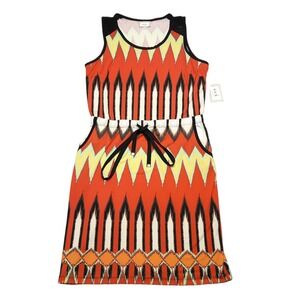 ECI New York Dress Womens Large Orange Geometric Ikat Midi Sleeveless Pocket New